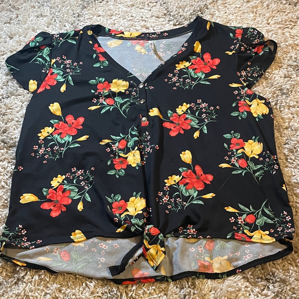 DNA Couture Floral Black Blouse with‎ Red and Yellow Accents